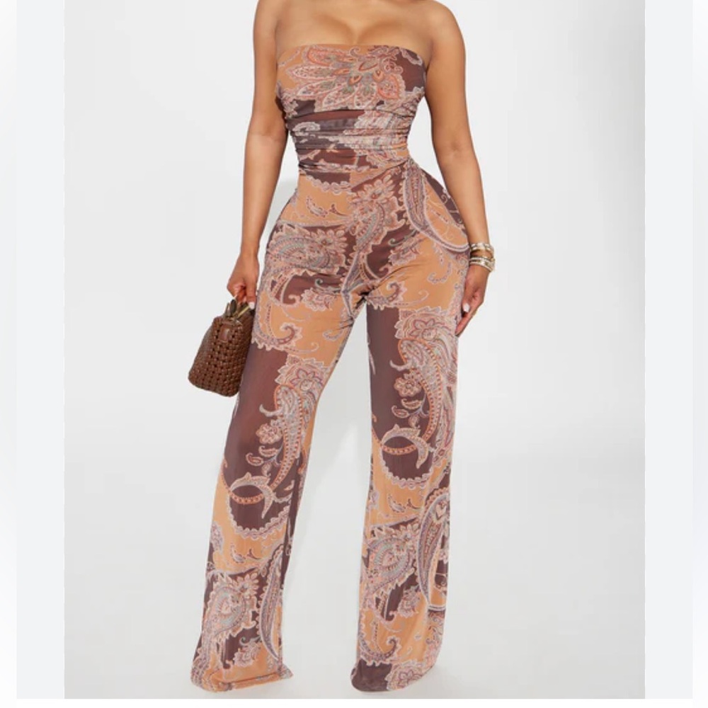 Fashion Nova Special Moment Mesh Strapless Brown Tan Paisley Jumpsuit Womens S